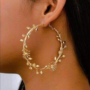 14K Gold Womens 3" Large Floral Hoop Earrings Big Flower Hoops Ladies Jewelry